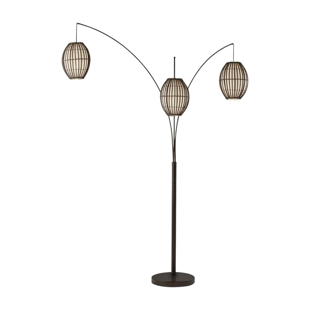 82" Bronze Three Light Tree Floor Lamp With Beige Wicker Cage Shade on a white background