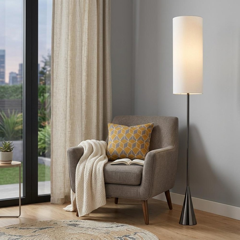 74" Black Floor Lamp With White Fabric Shade in a home interior