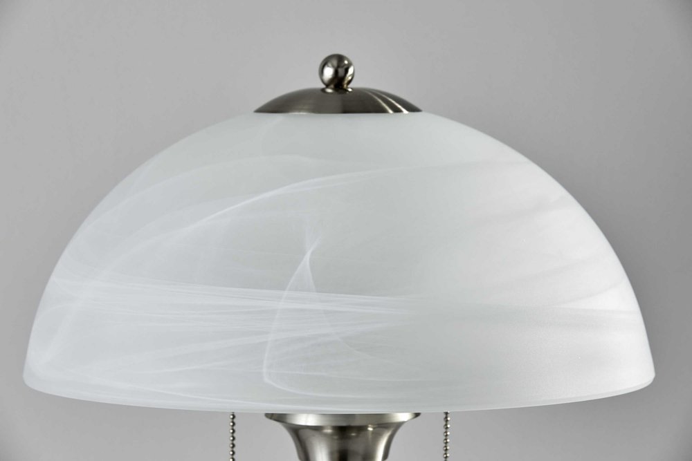 23" Silver Metal Standard Table Lamp With White Shade. Table lamp isolated on a plain white background, in a silver metal finish.