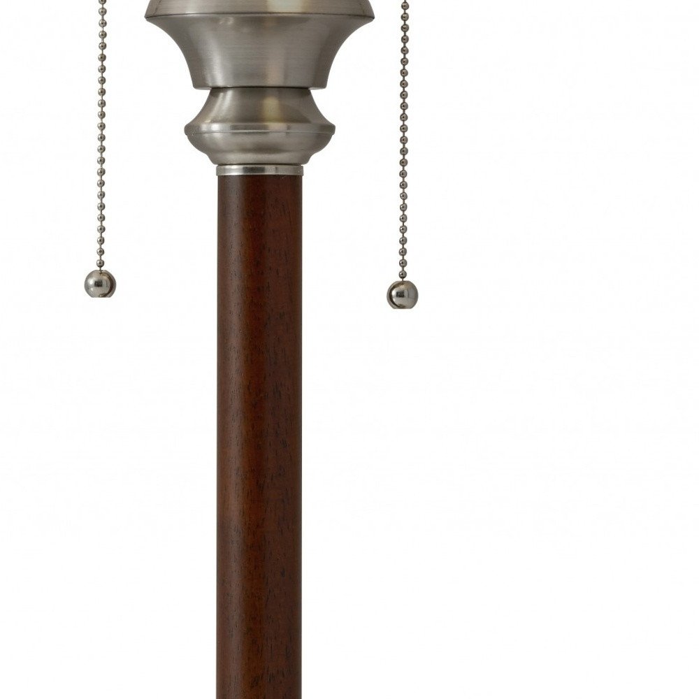 23" Silver Metal Standard Table Lamp With White Shade. Table lamp isolated on a plain white background, showing a silver metal surface.