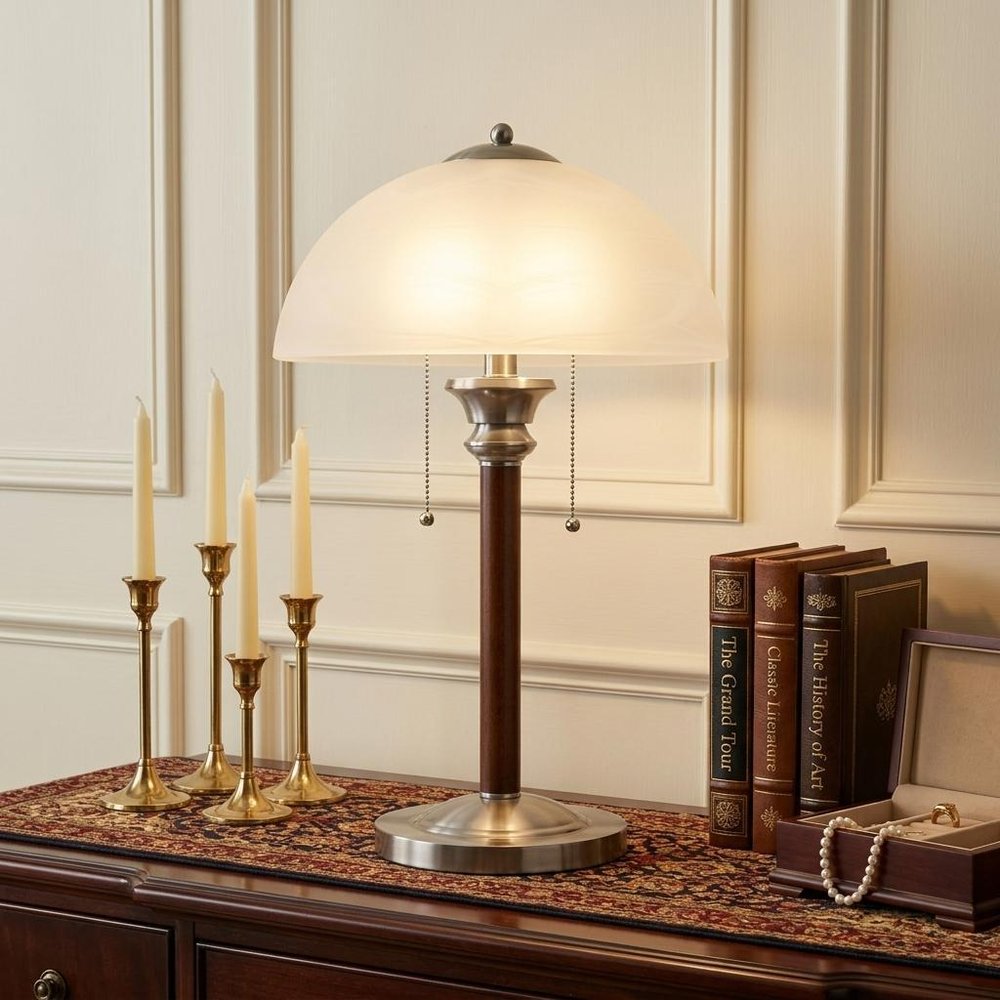 23" Silver Metal Standard Table Lamp With White Shade displayed on a dark wood tabletop in a furnished interior against a cream wall.