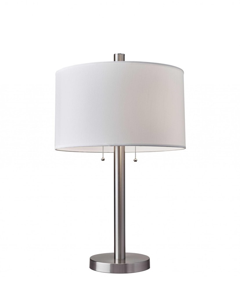 28" Silver Metal Two Light Bedside Table Lamp With White Drum Shade. Table lamp isolated on a plain white background, showing a silver metal surface.