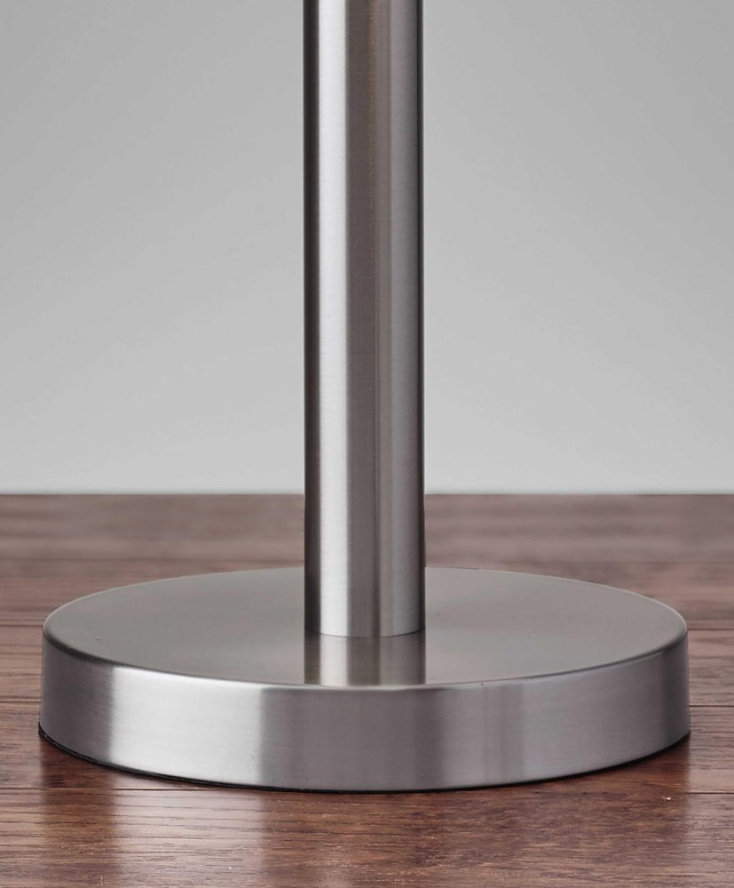 28" Silver Metal Two Light Bedside Table Lamp With White Drum Shade. Table lamp in silver metal.