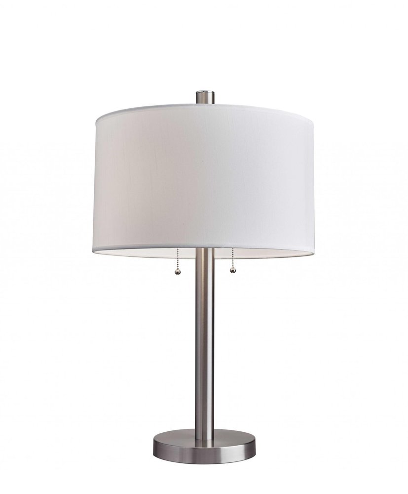 28" Silver Metal Two Light Bedside Table Lamp With White Drum Shade. Table lamp isolated on a plain white background, in a silver metal finish.