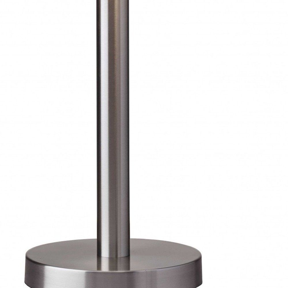 28" Silver Metal Two Light Bedside Table Lamp With White Drum Shade. Table lamp isolated on a plain white background, showing a silver metal surface.