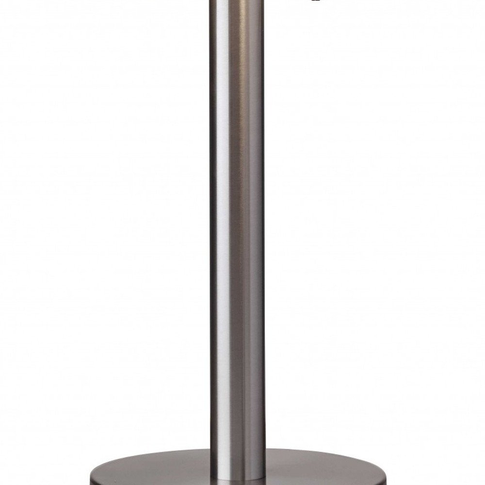 28" Silver Metal Two Light Bedside Table Lamp With White Drum Shade. Table lamp isolated on a plain white background, finished in silver metal.