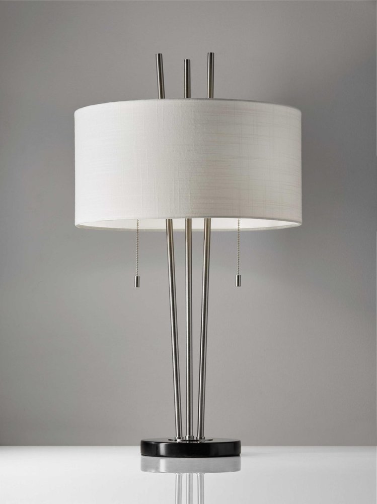 Stylish Triple Pole Brushed Steel Metal Table Lamp close-up detail
