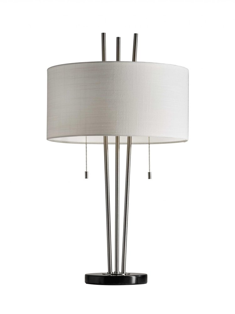 Stylish Triple Pole Brushed Steel Metal Table Lamp on a white background
