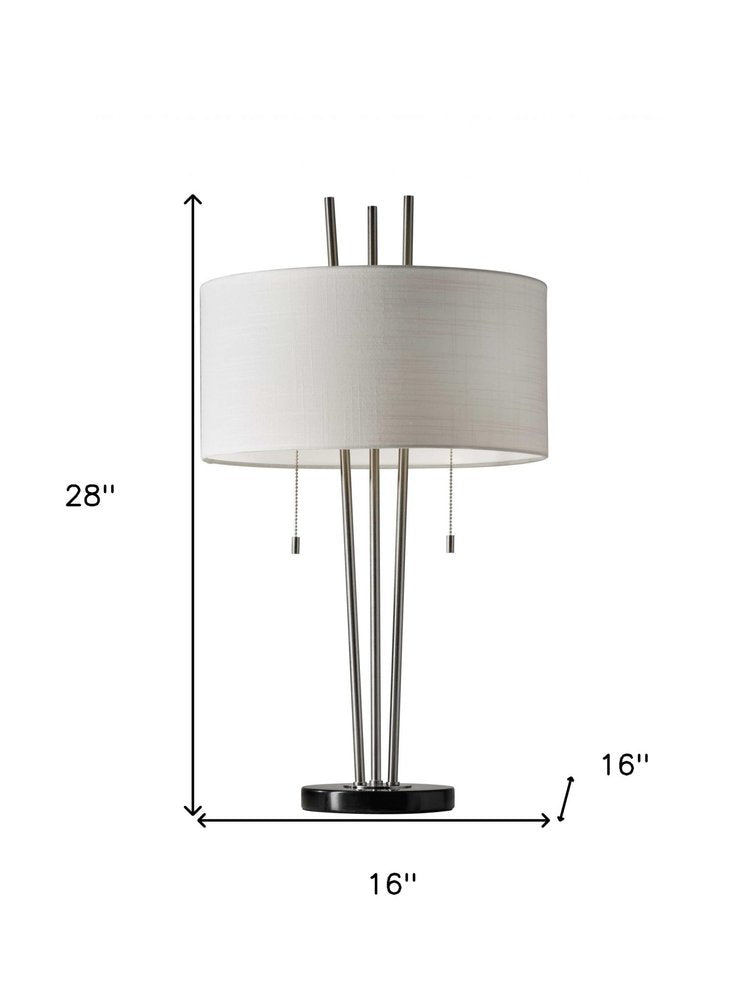 Stylish Triple Pole Brushed Steel Metal Table Lamp on a white background