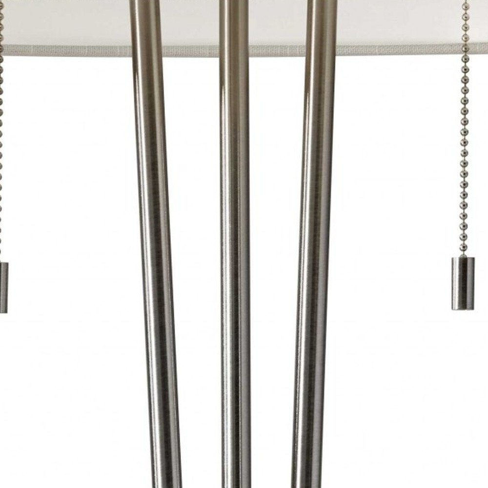 Stylish Triple Pole Brushed Steel Metal Table Lamp on a white background
