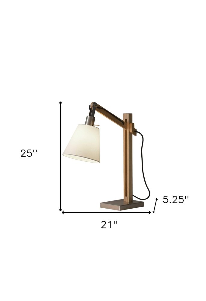 25" Natural Wood Adjustable Height Table Lamp With White Bell Shade. Table lamp isolated on a plain white background, in a white wood finish.