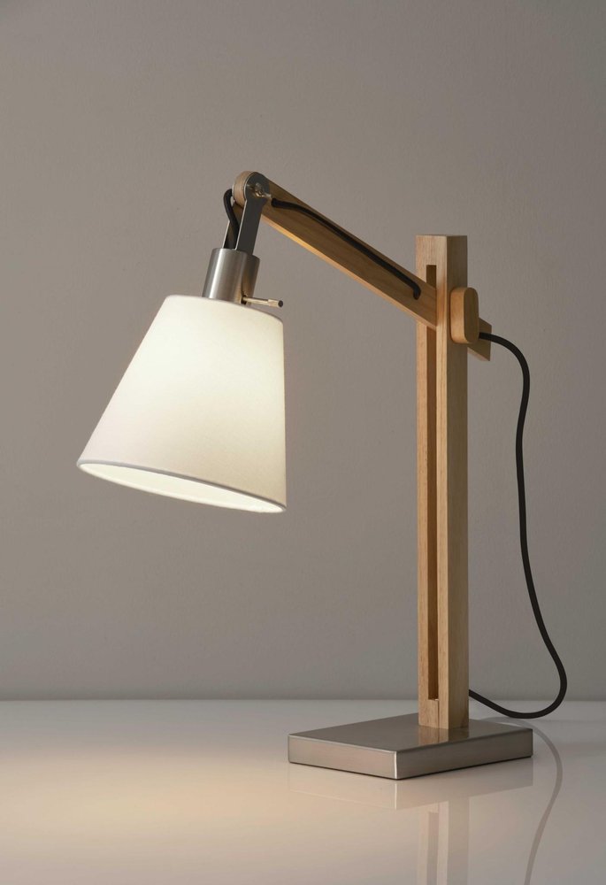 25" Natural Wood Adjustable Height Table Lamp With White Bell Shade. Table lamp in white wood.
