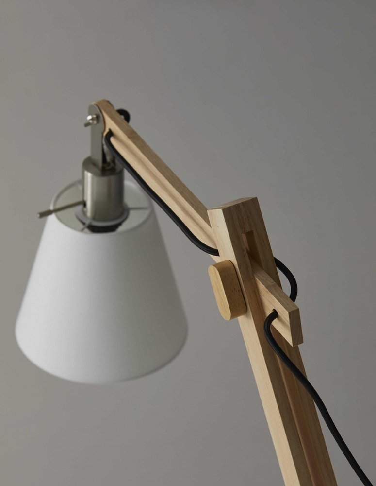 25" Natural Wood Adjustable Height Table Lamp With White Bell Shade close-up highlighting the wood surface.