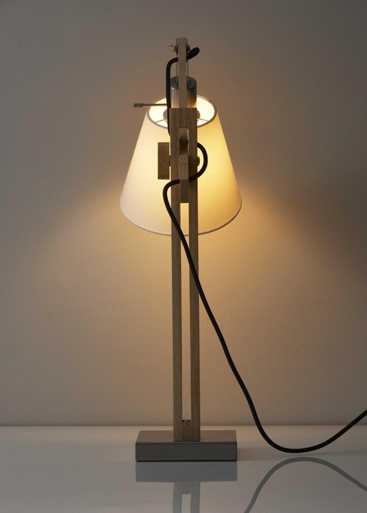 25" Natural Wood Adjustable Height Table Lamp With White Bell Shade.