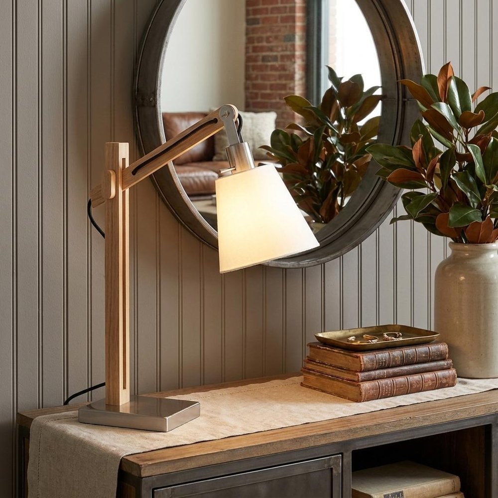 25" Natural Wood Adjustable Height Table Lamp With White Bell Shade displayed on a dark wood tabletop in a furnished interior against a dark brown wall in tan wood.