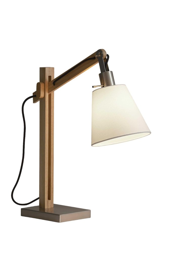 25" Natural Wood Adjustable Height Table Lamp With White Bell Shade. Table lamp isolated on a plain white background, finished in white wood.