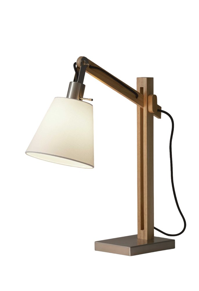 25" Natural Wood Adjustable Height Table Lamp With White Bell Shade. Table lamp isolated on a plain white background, in a white wood finish.