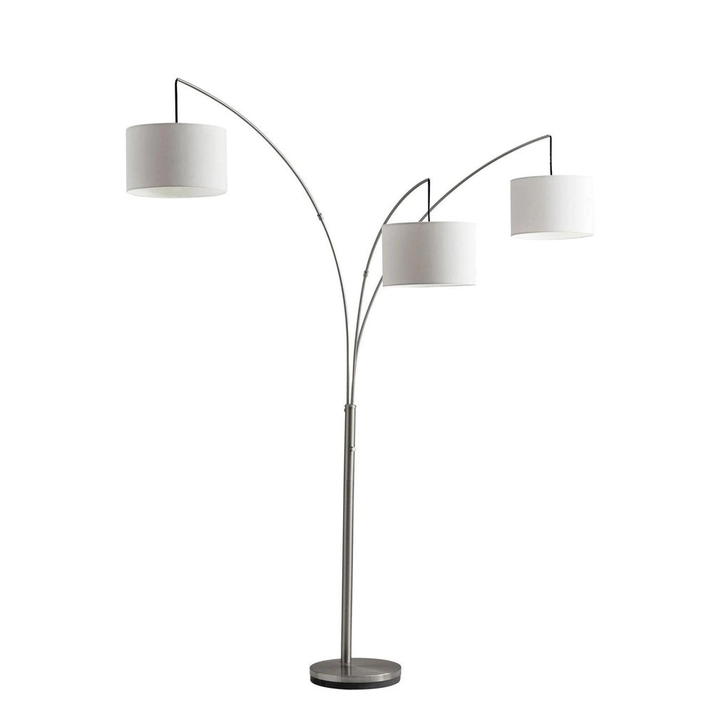 74" Silver Three Light Tree Floor Lamp With White Linen Drum Shade on a white background
