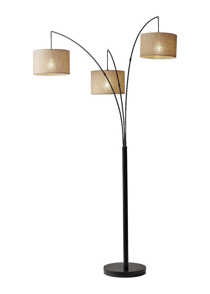 74" Silver Three Light Tree Floor Lamp With White Linen Drum Shade on a white background