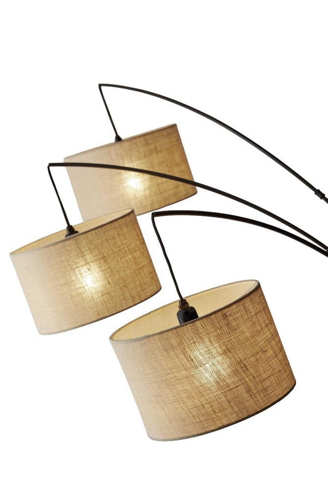 74" Silver Three Light Tree Floor Lamp With White Linen Drum Shade on a white background