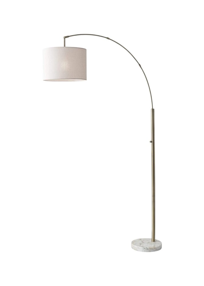 74" Brass Metal Arc Floor Lamp With Off White Linen Drum Shade on a white background
