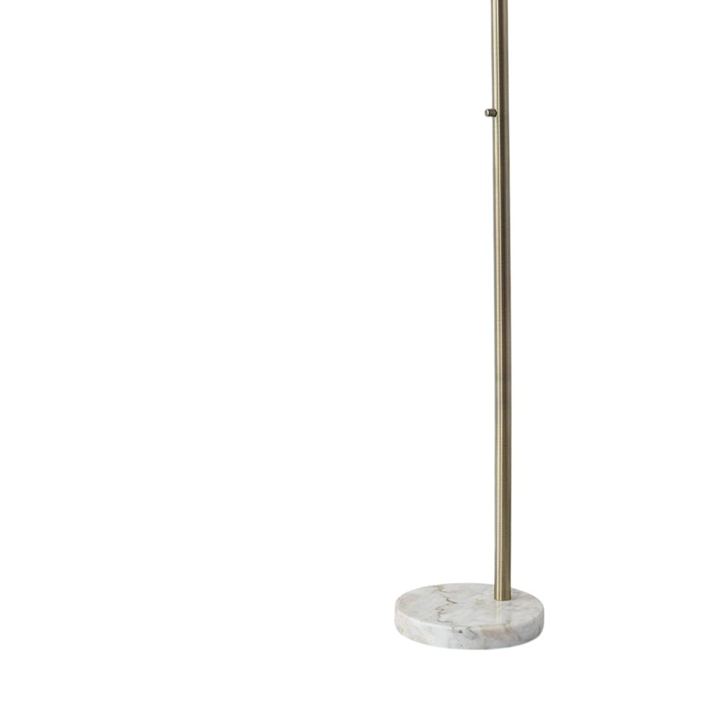 74" Brass Metal Arc Floor Lamp With Off White Linen Drum Shade on a white background