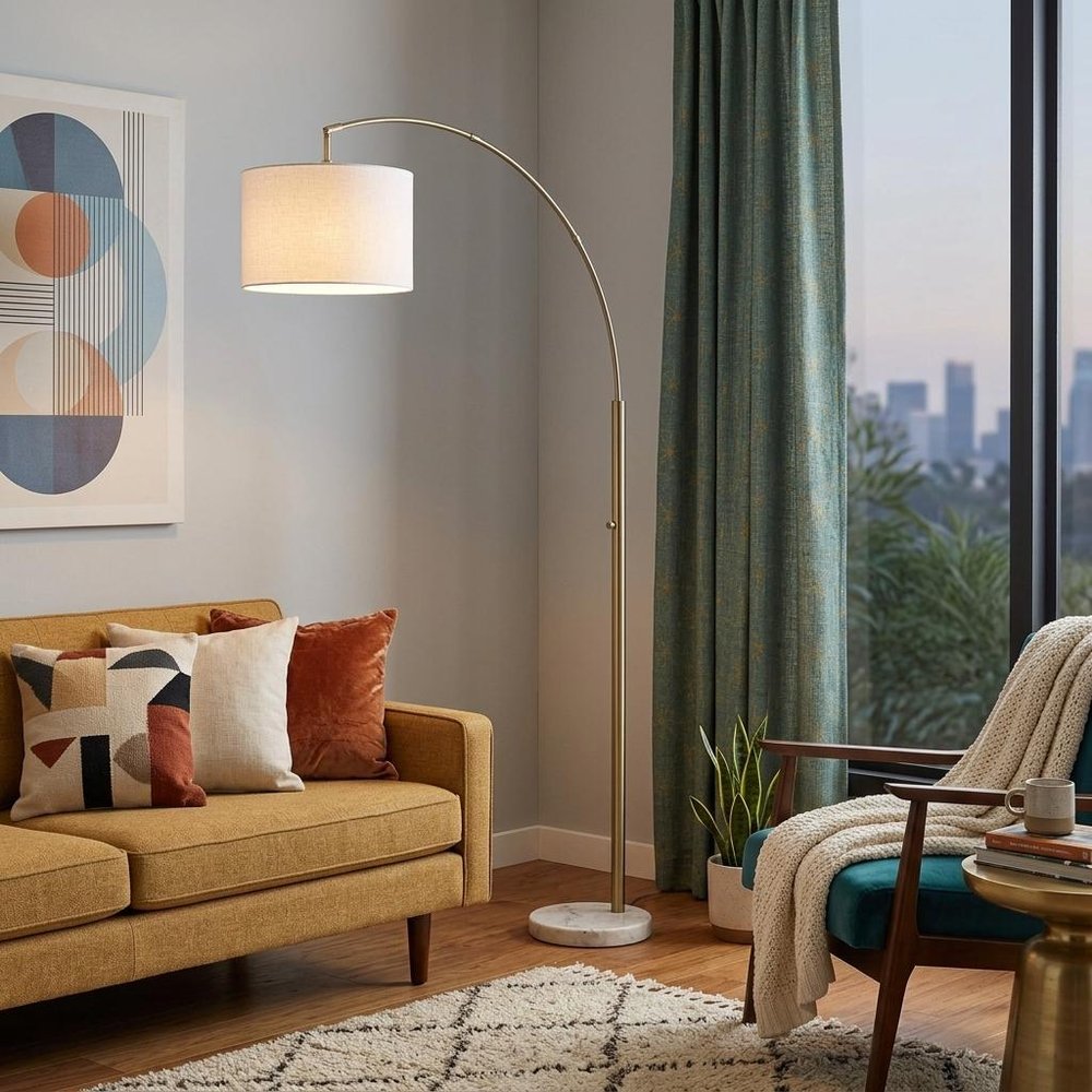 74" Brass Metal Arc Floor Lamp With Off White Linen Drum Shade in a home interior
