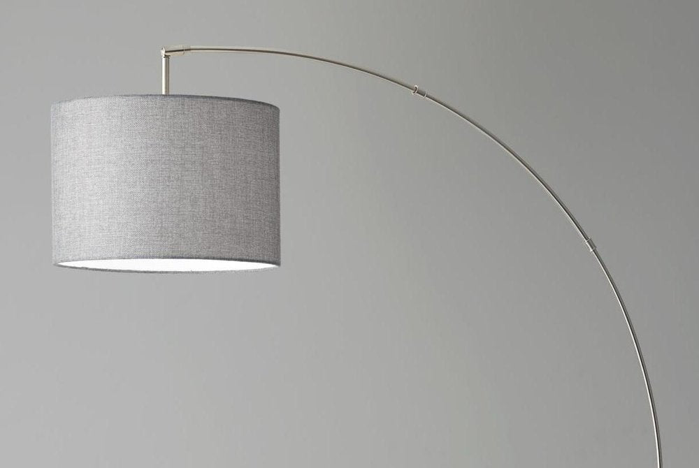 74" Brass Metal Arc Floor Lamp With Off White Linen Drum Shade close-up detail