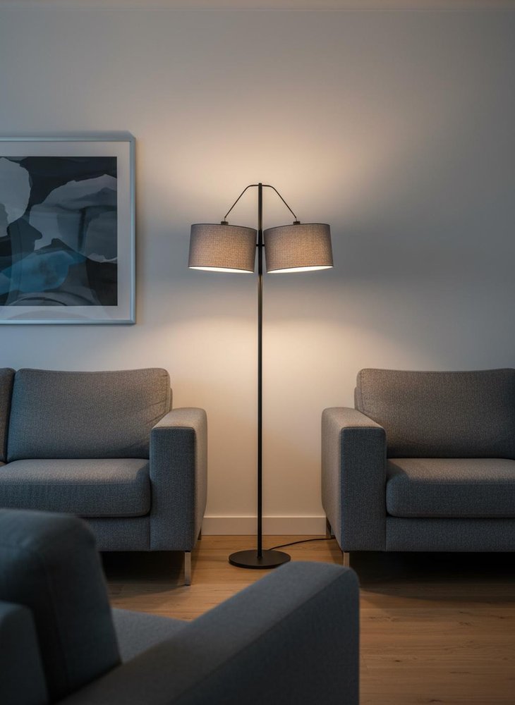 91" Silver Three Light Tree Floor Lamp With Gray Linen Drum Shade in a home interior