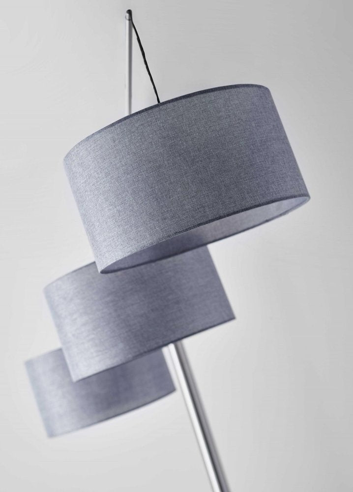 91" Silver Three Light Tree Floor Lamp With Gray Linen Drum Shade on a white background