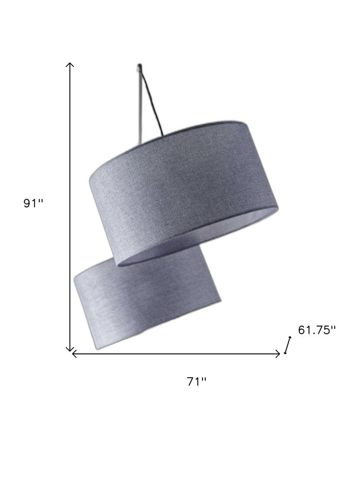 91" Silver Three Light Tree Floor Lamp With Gray Linen Drum Shade on a white background