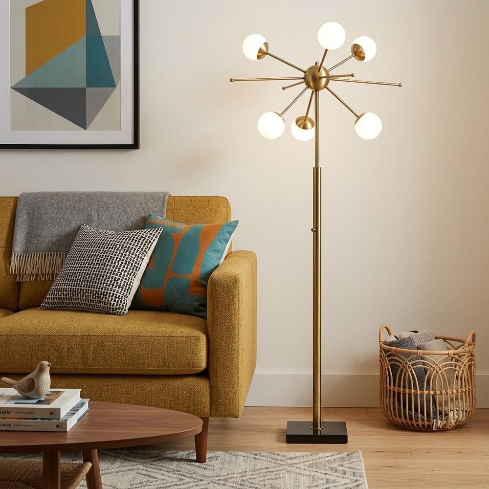 64" Brass Six Light LED Novelty Floor Lamp With White Glass Globe Shades