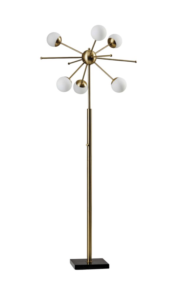 64" Brass Six Light LED Novelty Floor Lamp With White Glass Globe Shades. Floor lamp isolated on a plain white background, showing a white glass surface.