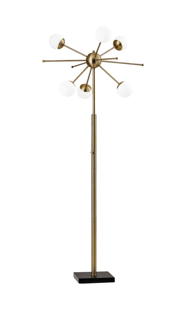 64" Brass Six Light LED Novelty Floor Lamp With White Glass Globe Shades. Floor lamp isolated on a plain white background, finished in white glass.