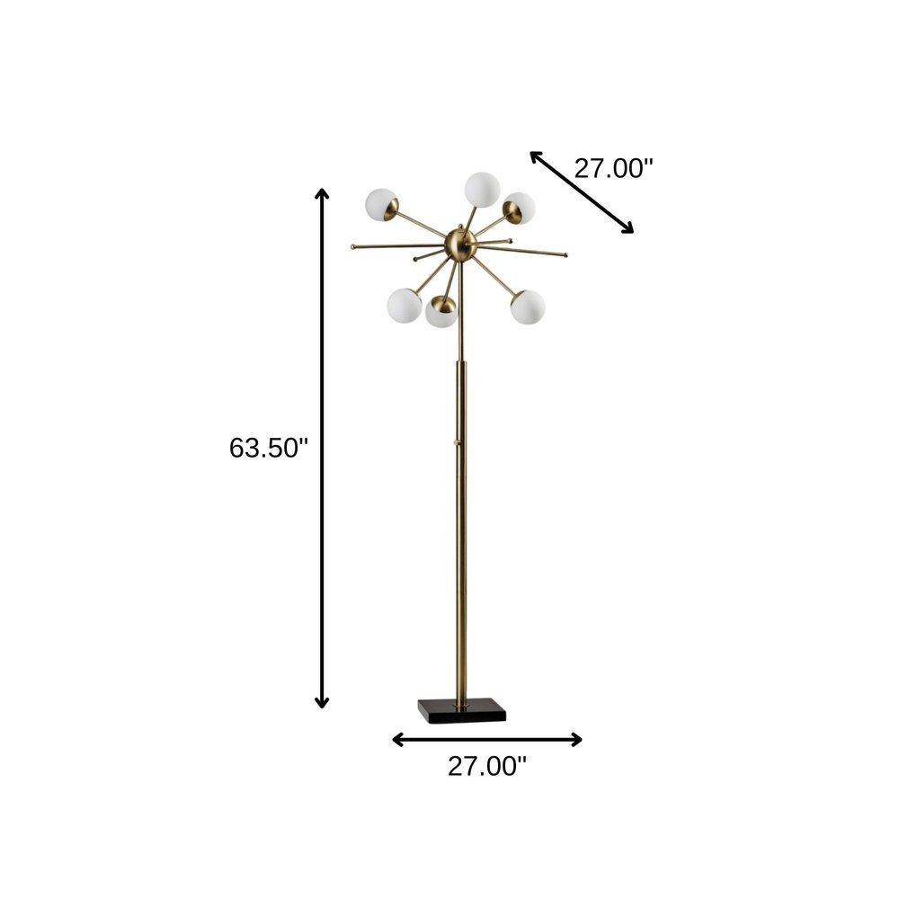 64" Brass Six Light LED Novelty Floor Lamp With White Glass Globe Shades. Floor lamp isolated on a plain white background, showing a white glass surface.