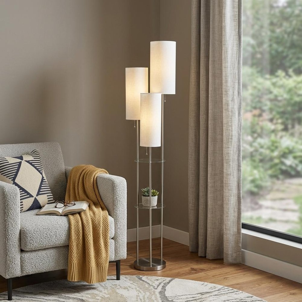 68" Silver Three Light Novelty Floor Lamp With White Linen Cylinder Shade