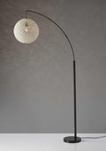 77" Antiqued Bronze Arched Floor Lamp With Groovy Beige Abstract Wicker Globe Shade close-up detail