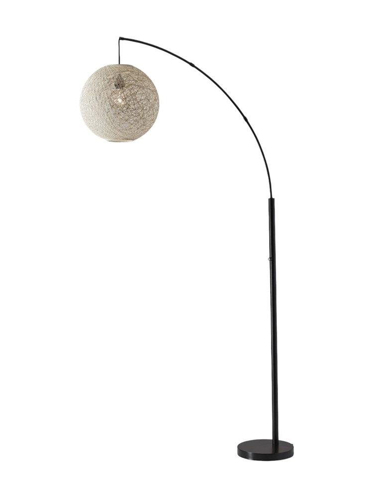 77" Antiqued Bronze Arched Floor Lamp With Groovy Beige Abstract Wicker Globe Shade on a white background