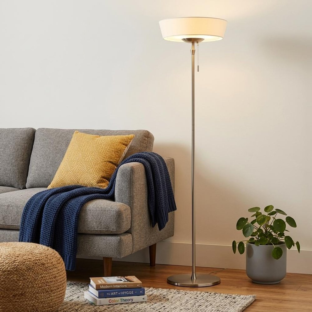71" Brushed Led Torchiere Floor Lamp With White Empire Shade