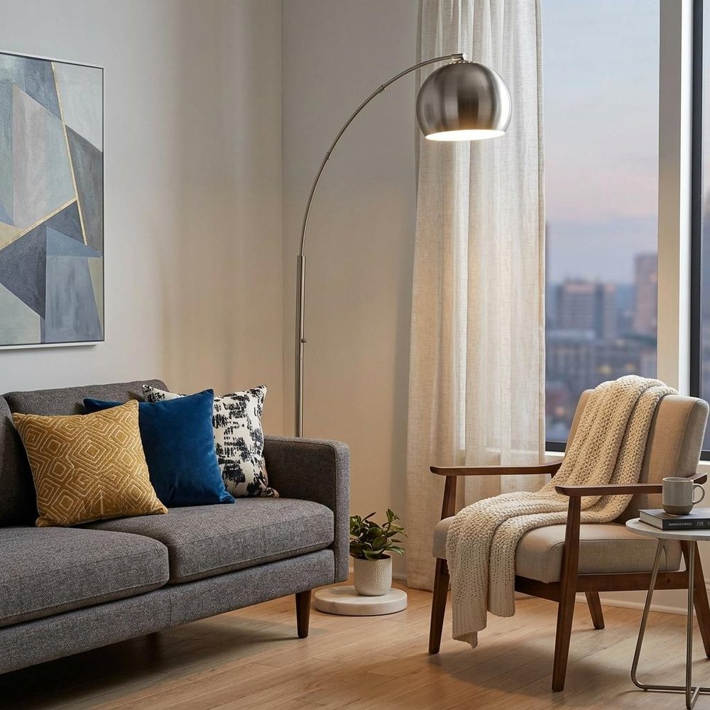 78" Silver Arc Floor Lamp With Silver Metal Bowl Shade in a home interior
