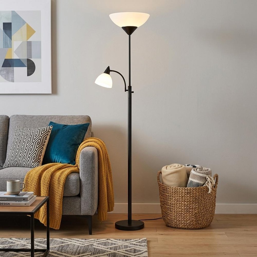 71" Two Light Torchiere Floor Lamp With White Acrylic Bowl Shades