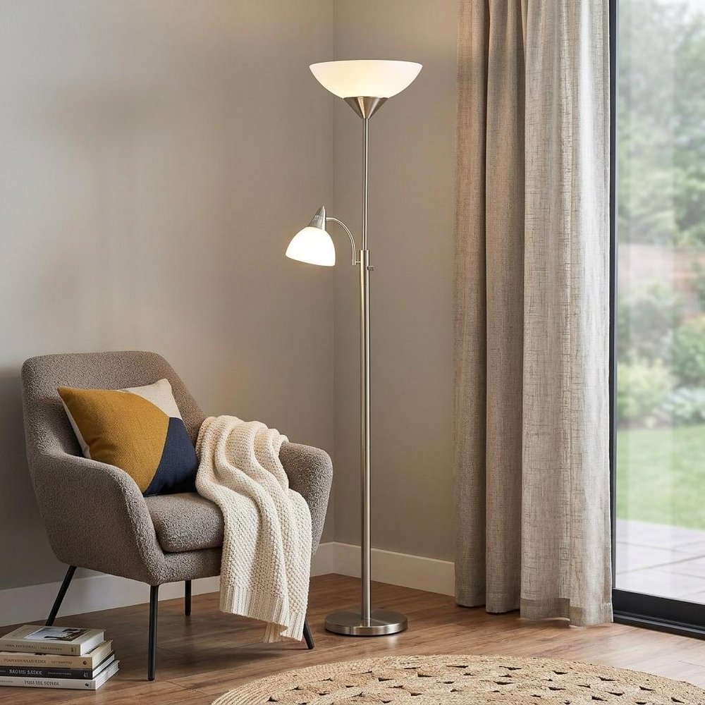71" Two Light Torchiere Floor Lamp With White Acrylic Bowl Shades