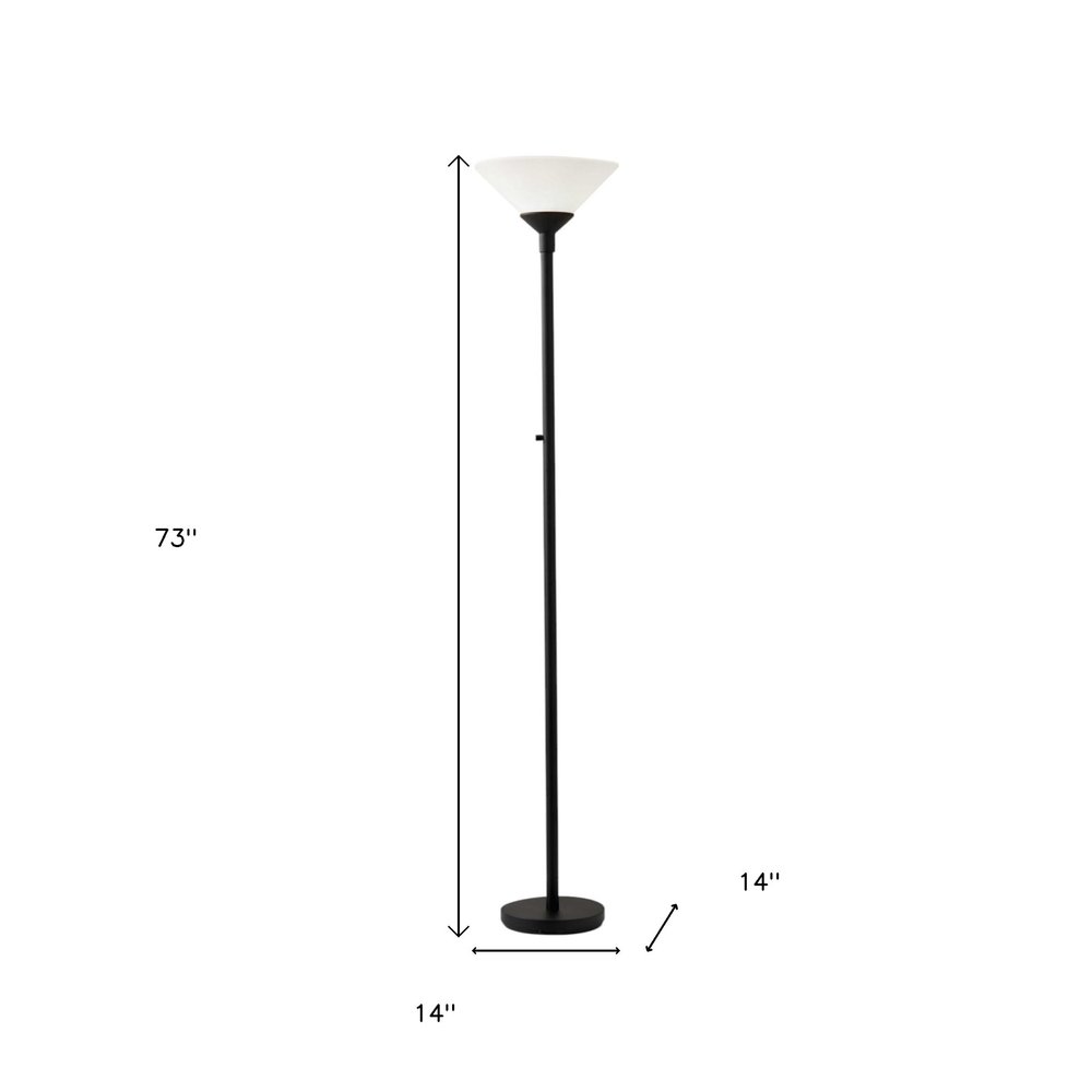 73" Black And White Torchiere Floor Lamp With White Acrylic Cone Shade on a white background