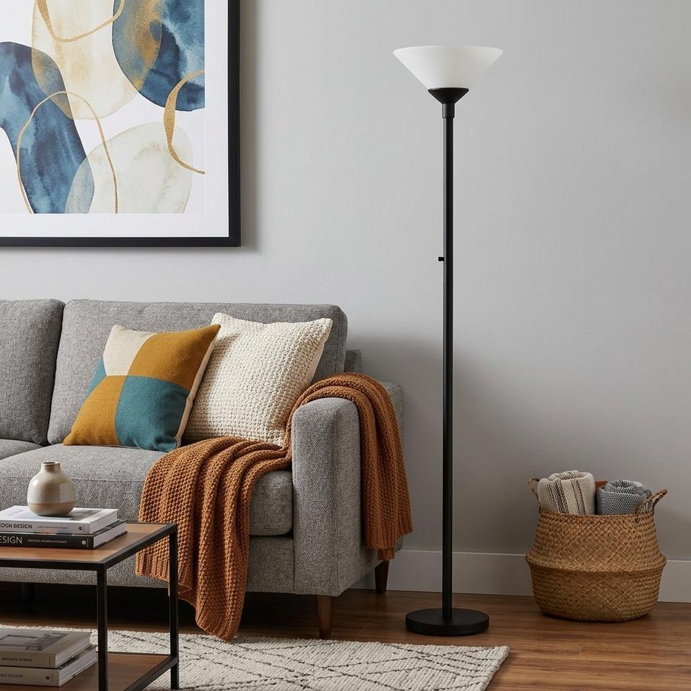73" Black And White Torchiere Floor Lamp With White Acrylic Cone Shade in a home interior