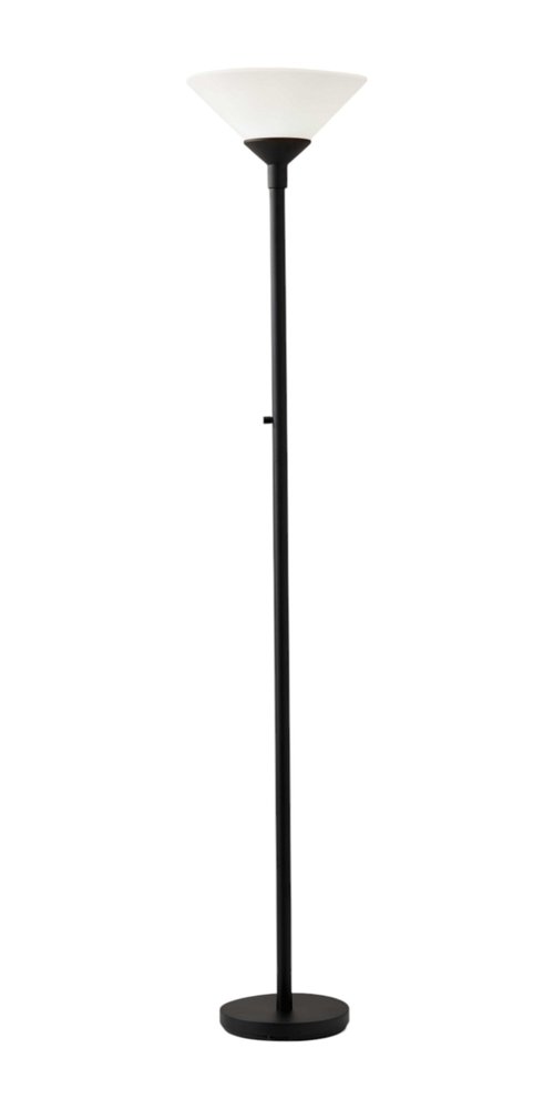73" Black And White Torchiere Floor Lamp With White Acrylic Cone Shade on a white background