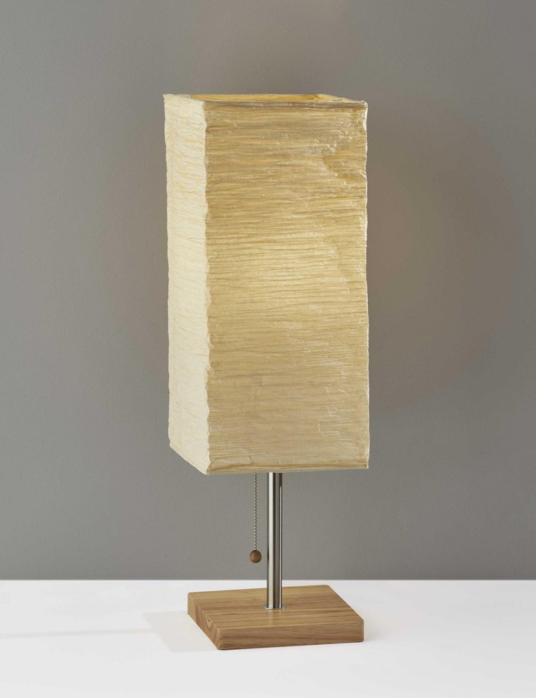 25" Natural Solid Wood And Silver Metal Table Lamp Beige Paper Shade close-up highlighting the beige wood surface.