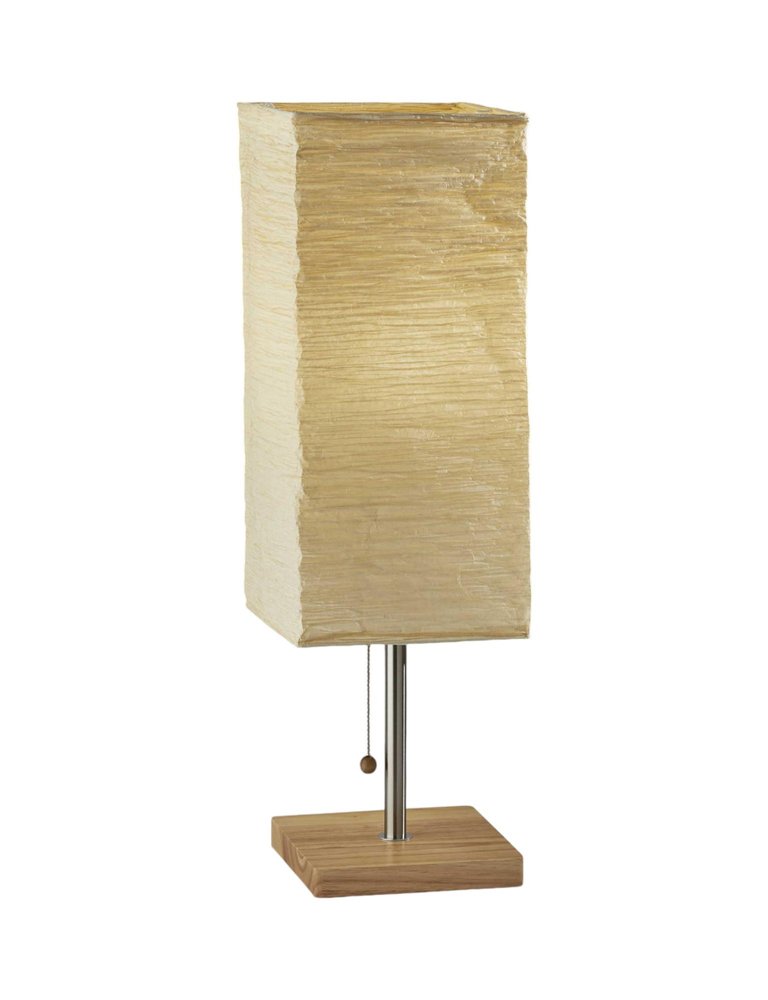 25" Natural Solid Wood And Silver Metal Table Lamp Beige Paper Shade. Table lamp isolated on a plain white background, showing a beige wood surface.