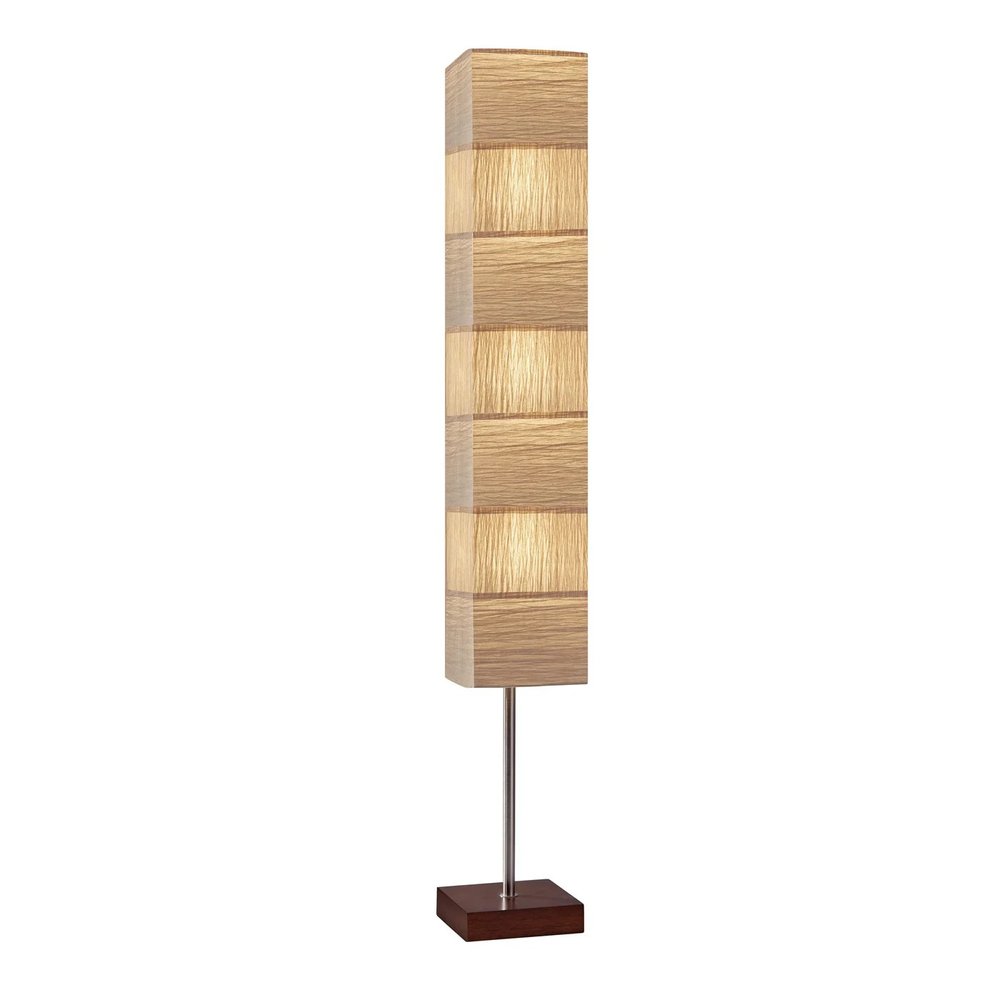 72" Brown And Silver Three Light Column Floor Lamp With Beige Paper Rectangular Shade on a white background