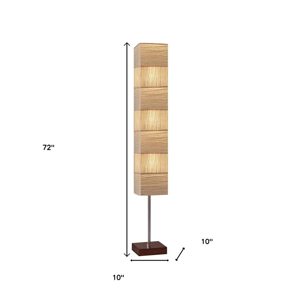 72" Brown And Silver Three Light Column Floor Lamp With Beige Paper Rectangular Shade on a white background