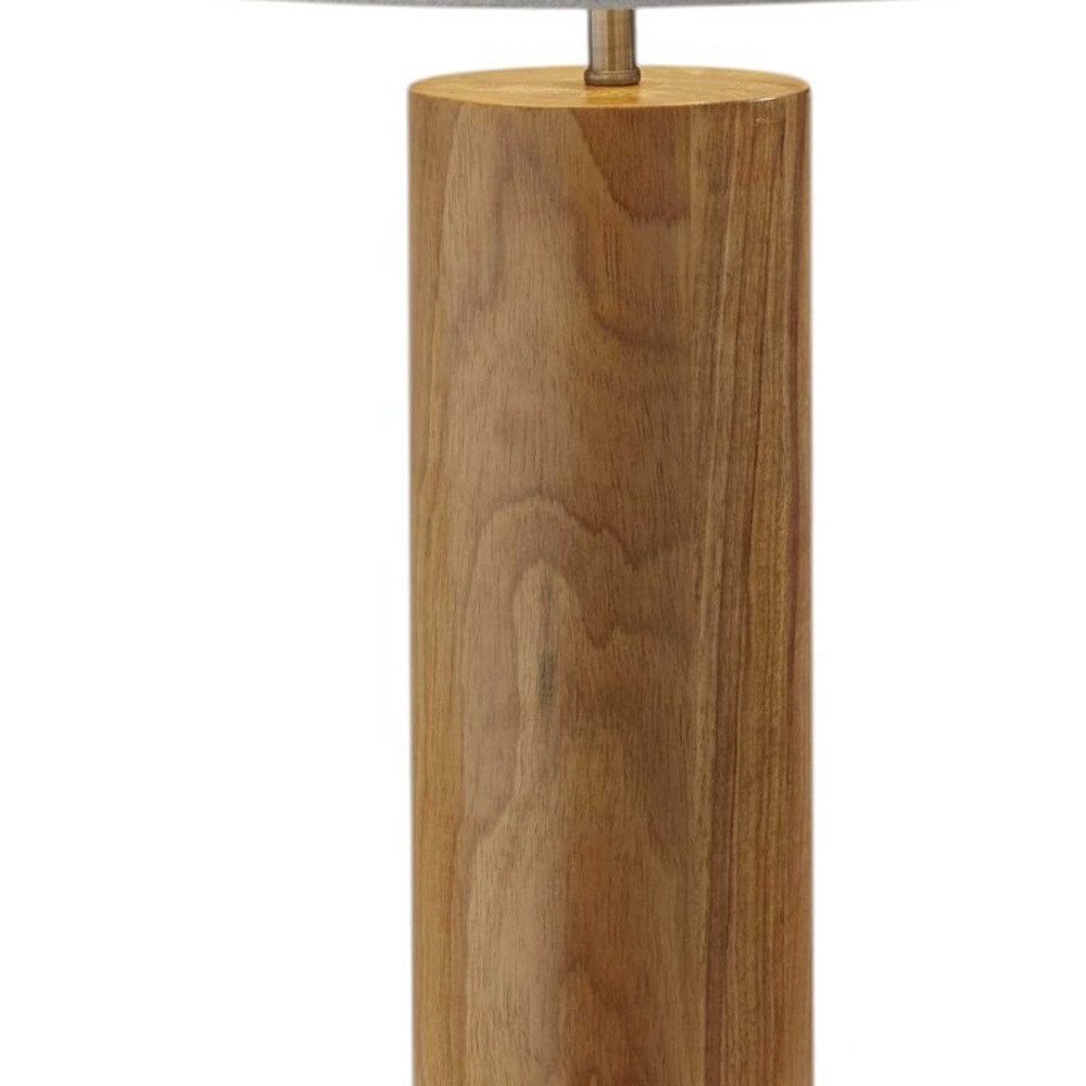 26" Natural Solid Wood Cylinder Table Lamp With White Cone Shade. Table lamp isolated on a plain white background, in a tan wood finish.